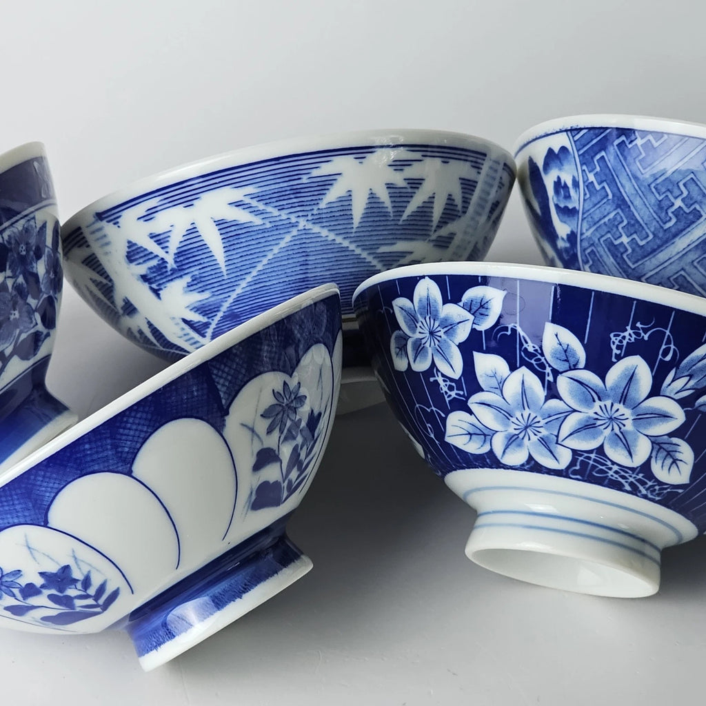 Hand-Painted Asian Blue White Porcelain Footed Flower Rice Soup Bowl