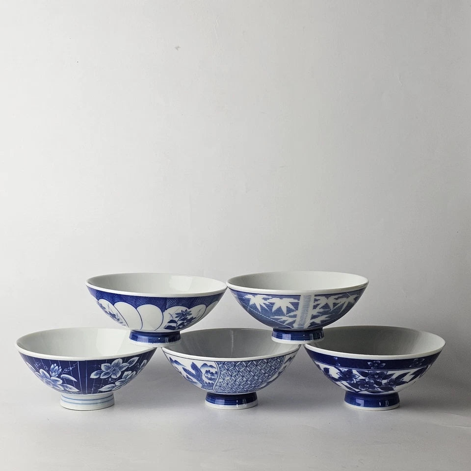 Hand-Painted Asian Blue White Porcelain Footed Flower Rice Soup Bowl