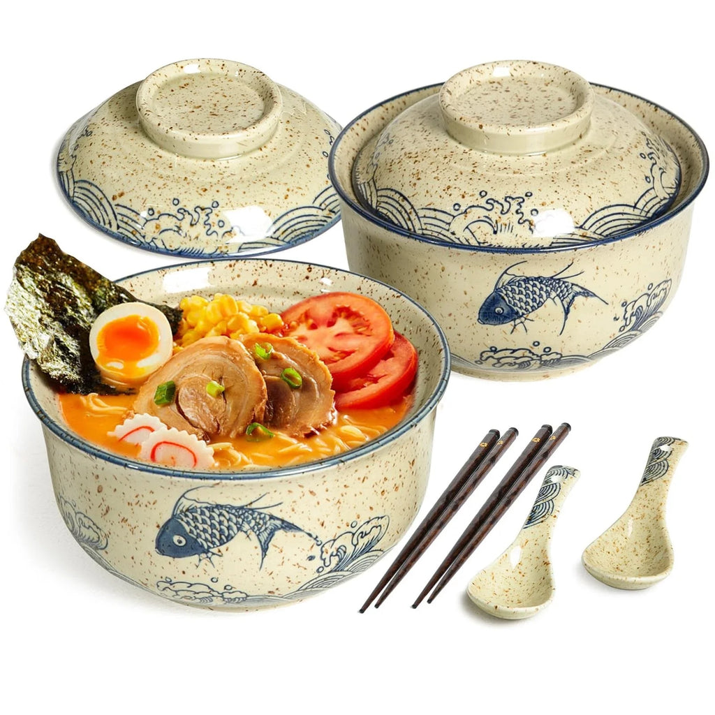 Ramen Bowl Set of 2, Ramen Noodle Bowl with Lid 27oz Japanese Retro S.