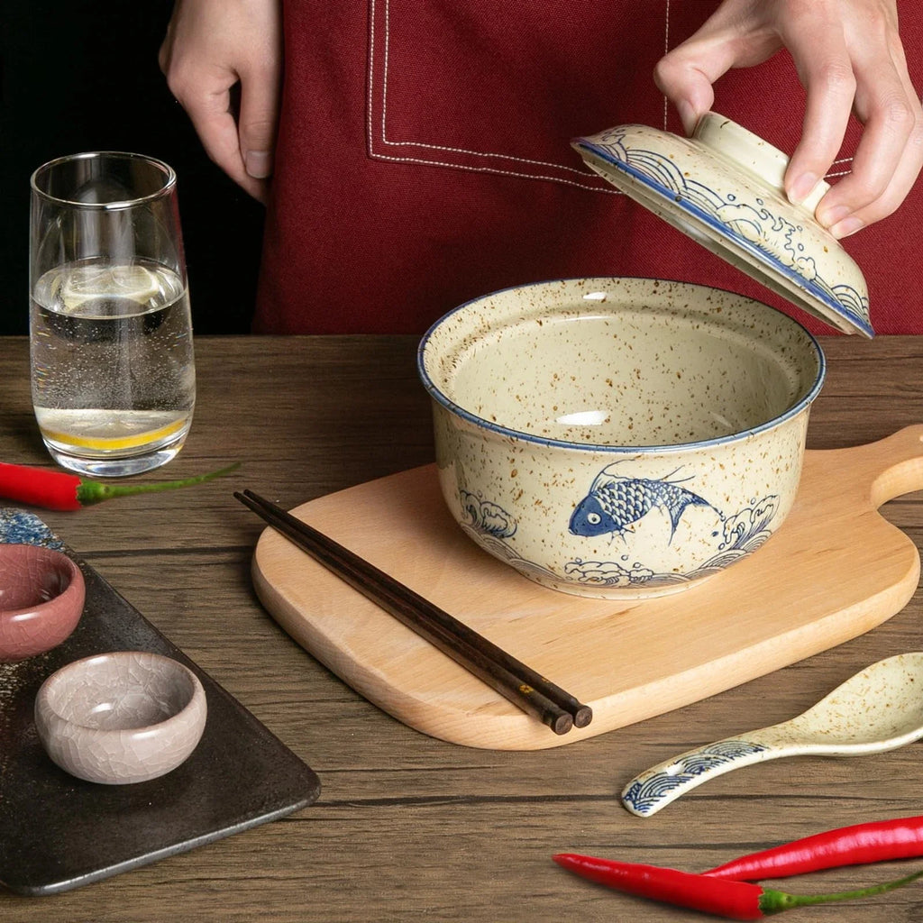 Ramen Bowl Set of 2, Ramen Noodle Bowl with Lid 27oz Japanese Retro S.