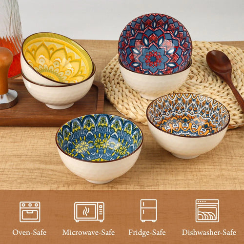 10 oz Bohemian Grain Fruit Bowl Set - 6 Colorful Ceramic Rice Bowls, for Snacks